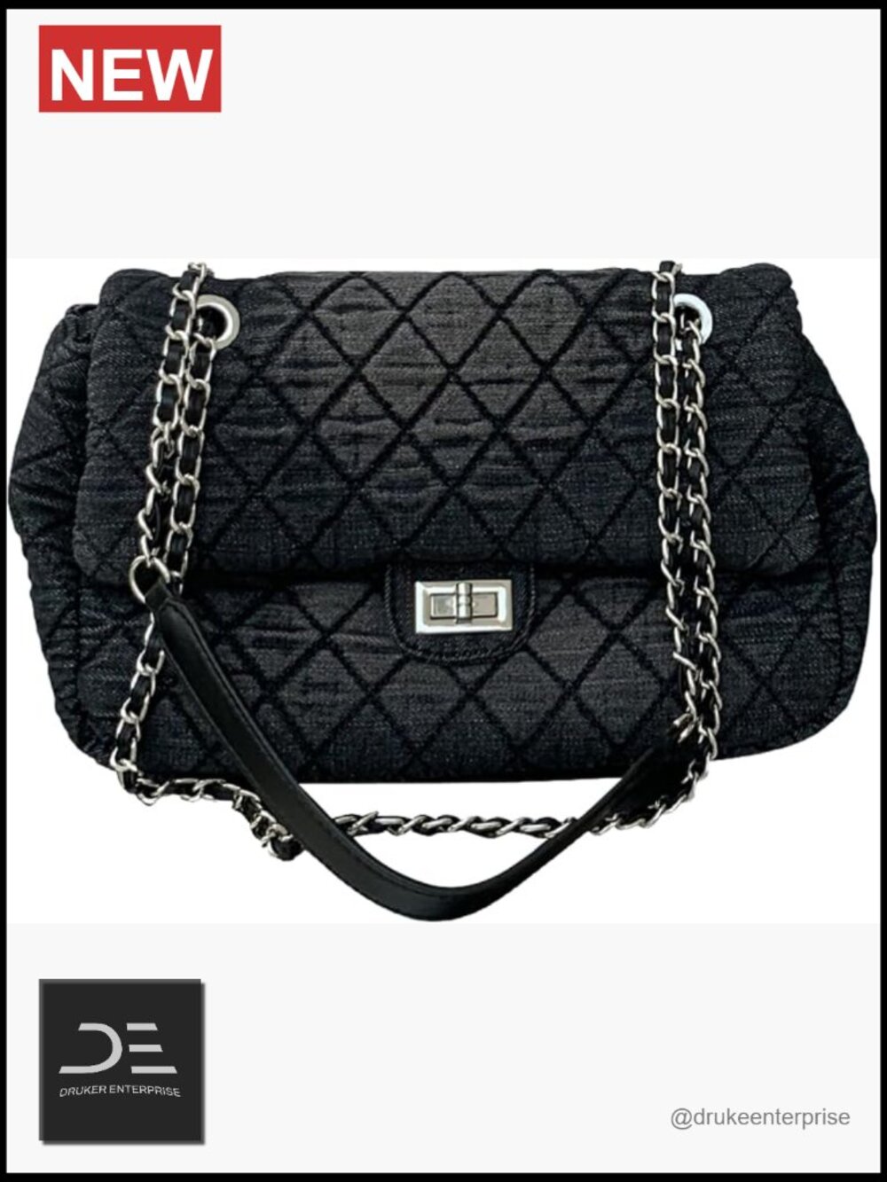 Quilted Denim Shoulder Bag with Chain Strap, Preppy Crossbody Tote
